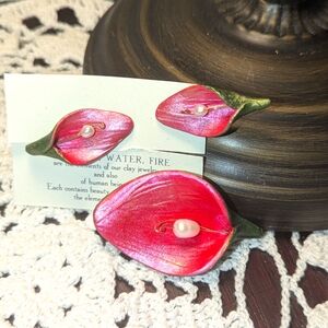 Elegant Pink Floral Jewelry Set ~ Brooch/Clip On Earrings